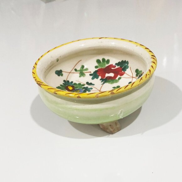 Small Round Footed Trinket Dish Hand Paint Floral Earthenware Sgraffito Italy - Picture 2 of 6